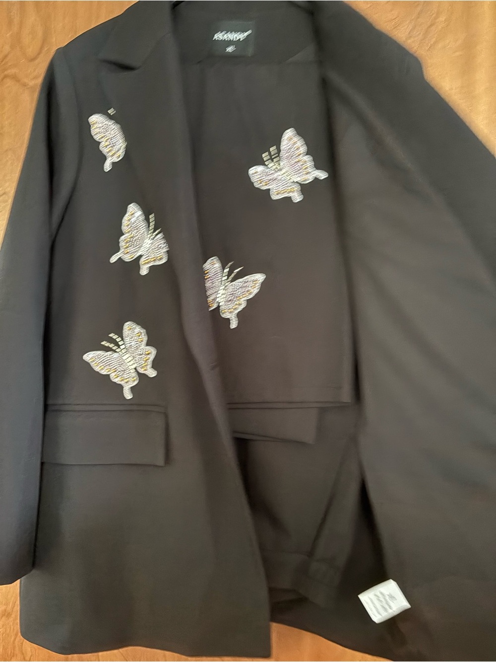 Black Blazer & matching pants set with Embroidered Butterfly Accents